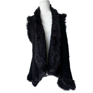 Besca Black Knit Vest Fuzzy Cascade Front Chunky Boho